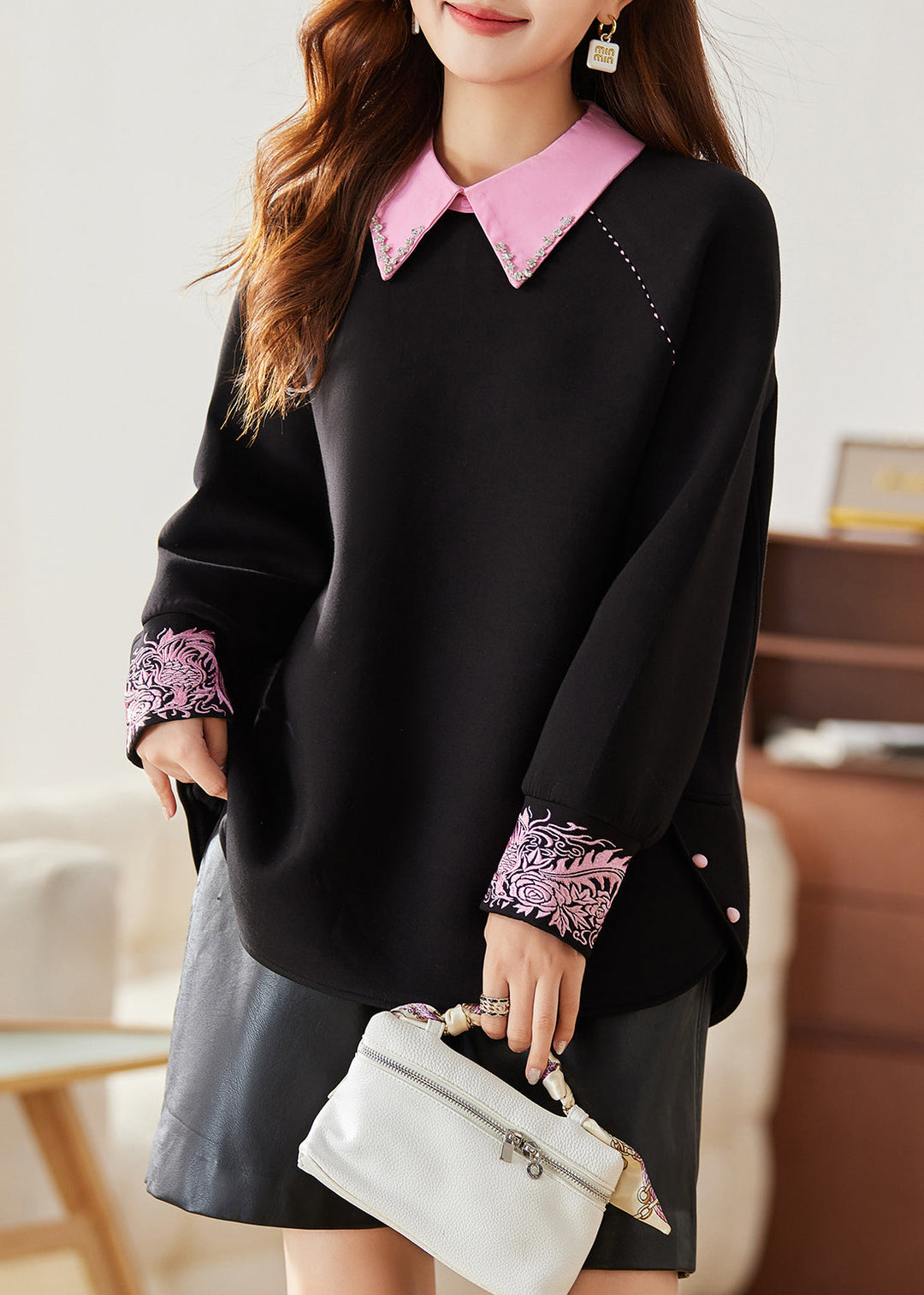 French Black Embroideried Patchwork Cotton Sweatshirts Spring