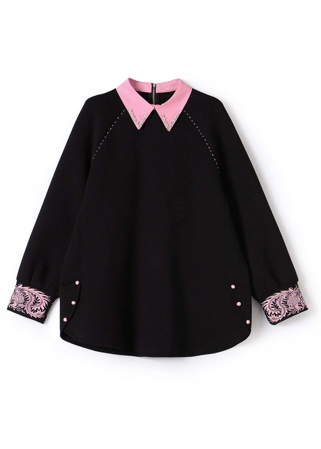 French Black Embroideried Patchwork Cotton Sweatshirts Spring