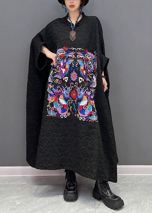 French Black Print Wrinkled Dresses Gown Batwing Sleeve
