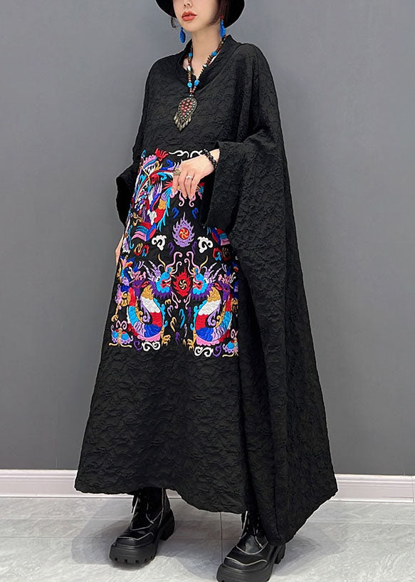 French Black Print Wrinkled Dresses Gown Batwing Sleeve