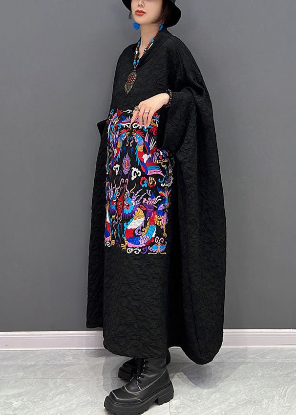 French Black Embroideried Wrinkled Dresses Gown Batwing Sleeve