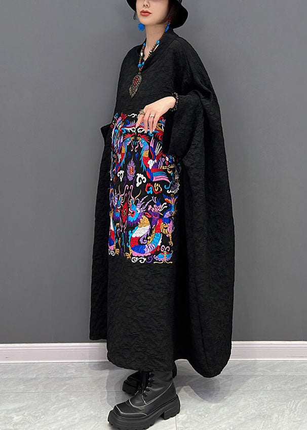 French Black Print Wrinkled Dresses Gown Batwing Sleeve