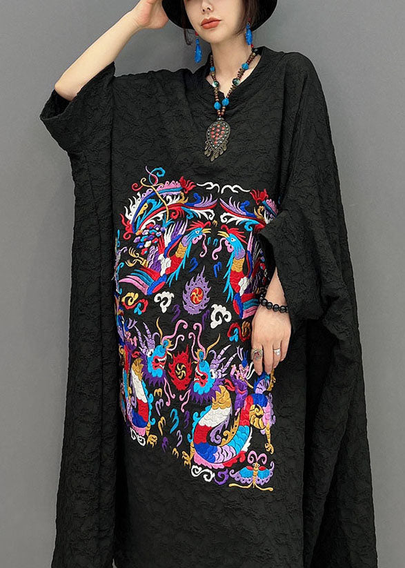 French Black Print Wrinkled Dresses Gown Batwing Sleeve