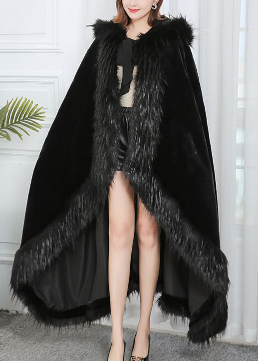 French Black Fur Collar Hooded Faux Fur Cloak Winter