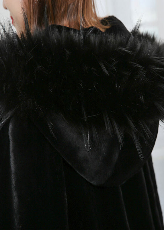 French Black Fur Collar Hooded Faux Fur Cloak Winter