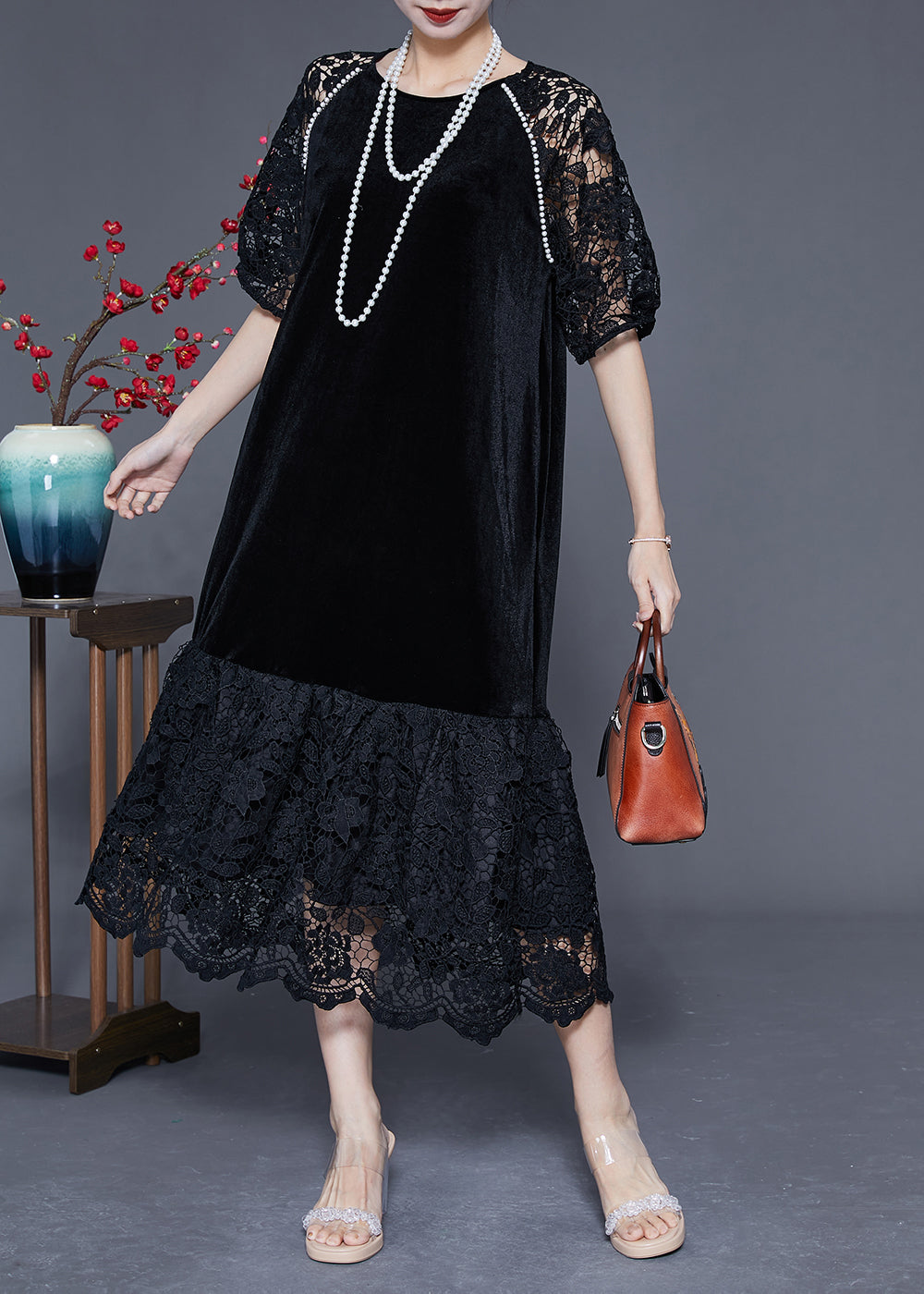 French Black Hollow Out Lace Patchwork Silk Velour Maxi Dresses Summer