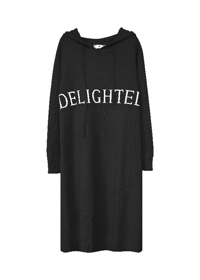 French Black Hooded Letter Print Knit Long Dress Fall