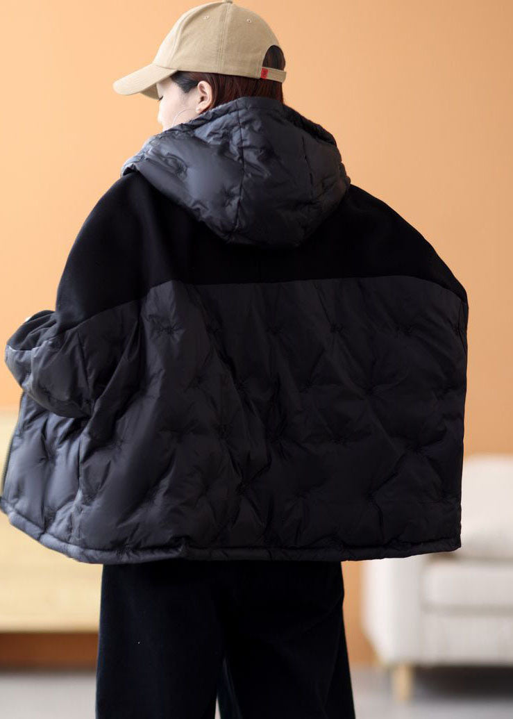 French Black Hooded Patchwork Embroideried Duck Down Winter Coats