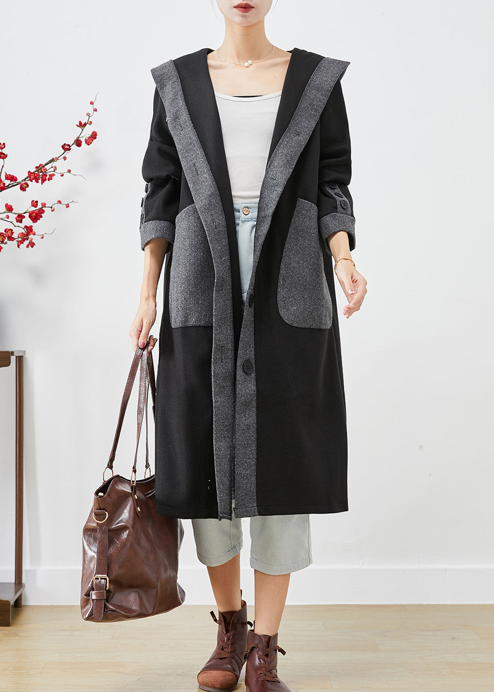 French Black Hooded Patchwork Pockets Woolen Coat Outwear Fall