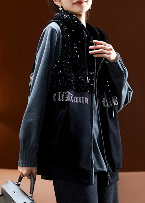 French Black Hooded Sequins Zircon Cotton Waistcoat Sleeveless