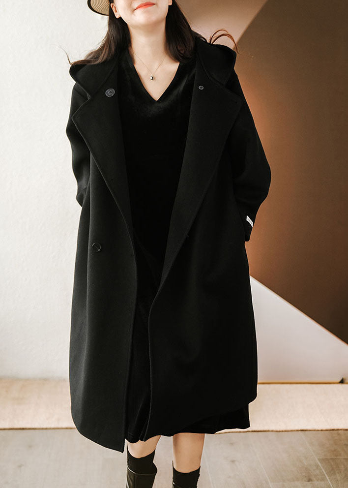 French Black Hooded Solid Color Woolen Loose Trench Winter