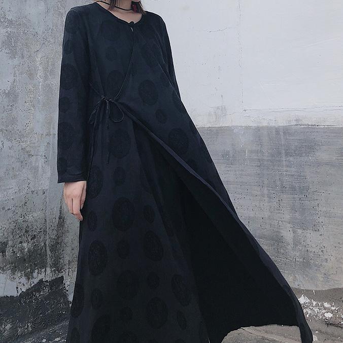 French Black Jacquard Clothes O Neck Tie Waist Long Spring Dress - Omychic