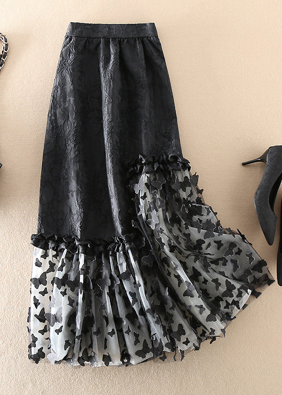 French Black Jacquard Patchwork Bow Tulle Skirts Spring