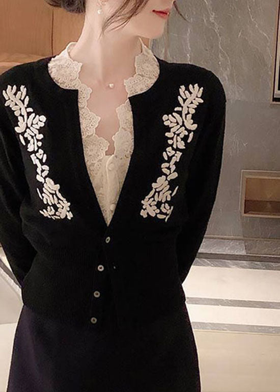 French Black Lace Embroideried Patchwork Wool Cardigans Spring