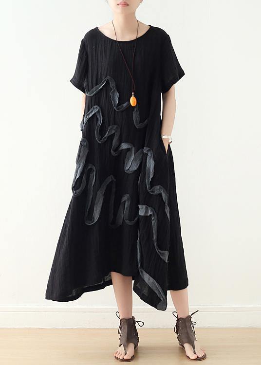 French Black Loose Linen Summer Dresses - Omychic