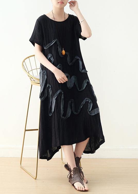 French Black Loose Linen Summer Dresses - Omychic