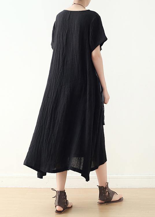 French Black Loose Linen Summer Dresses - Omychic