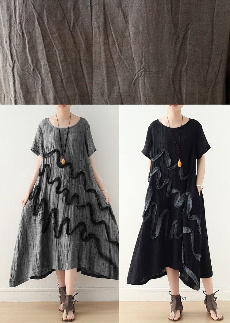 French Black Loose Linen Summer Dresses - Omychic