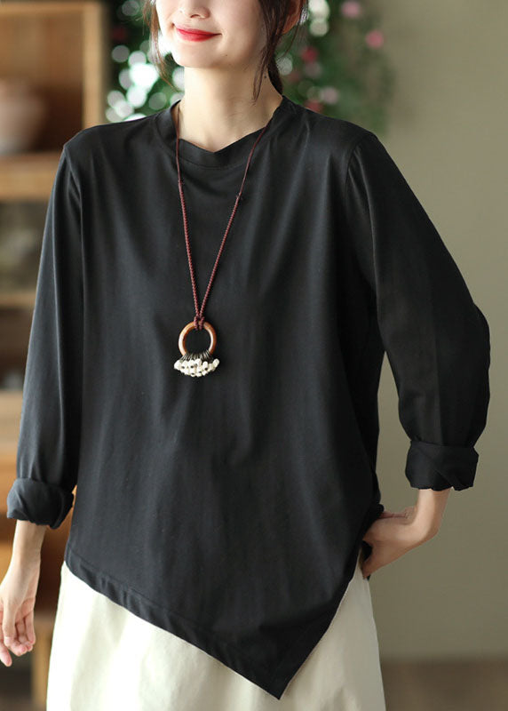 French Black O-Neck Asymmetrical Cotton Shirt Top Spring