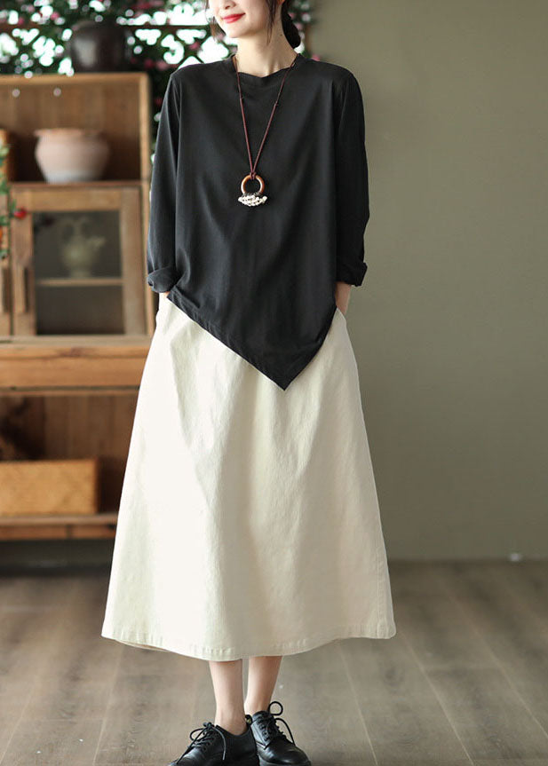 French Black O-Neck Asymmetrical Cotton Shirt Top Spring