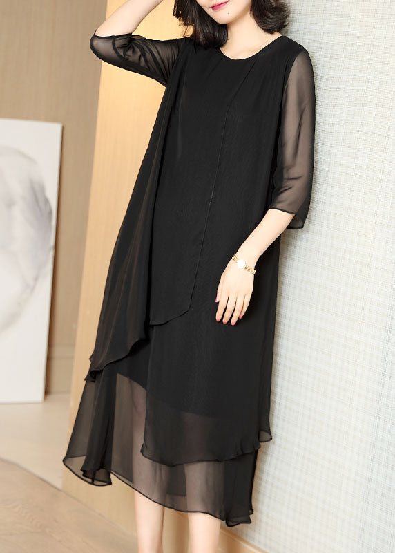 French Black O-Neck Asymmetrical Patchwork Chiffon Dress Summer