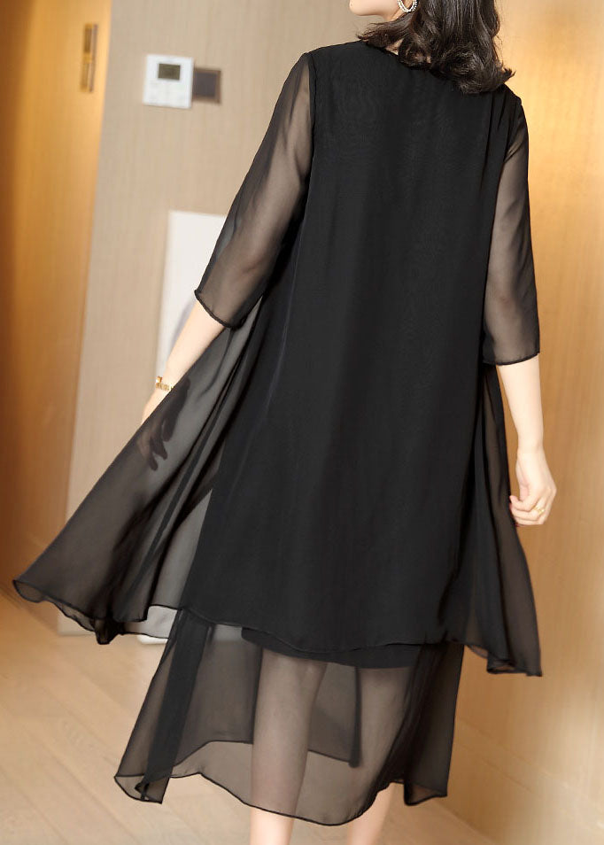 French Black O-Neck Asymmetrical Patchwork Chiffon Dress Summer
