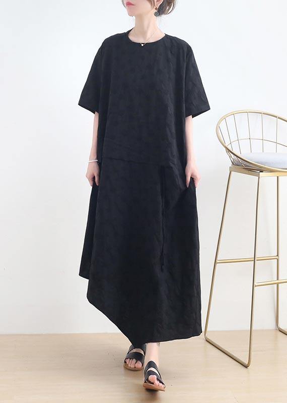 French Black O-Neck Cinched Long Summer Linen Dress - Omychic
