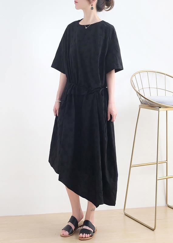 French Black O-Neck Cinched Long Summer Linen Dress - Omychic