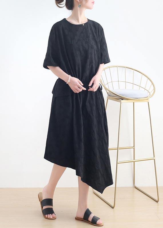 French Black O-Neck Cinched Long Summer Linen Dress - Omychic