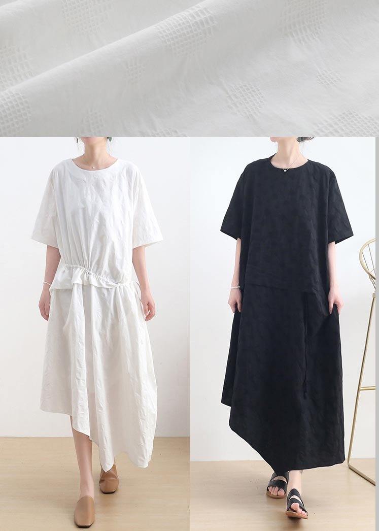 French Black O-Neck Cinched Long Summer Linen Dress - Omychic