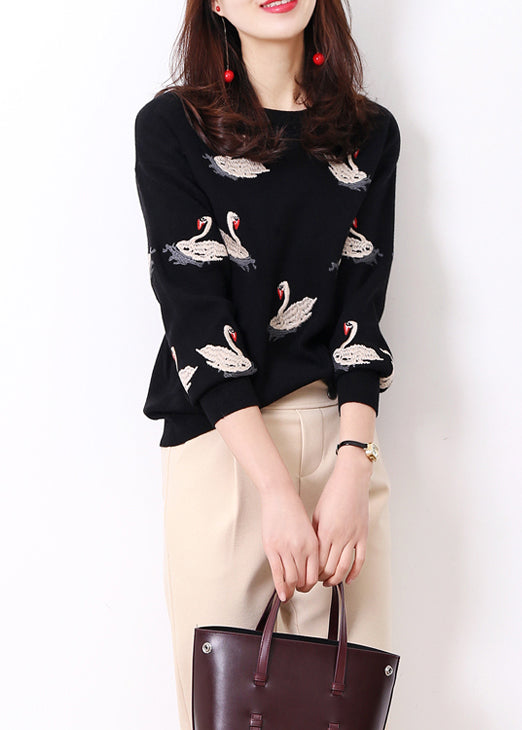 French Black O Neck Embroideried Knit Shirt Sweaters Long Sleeve