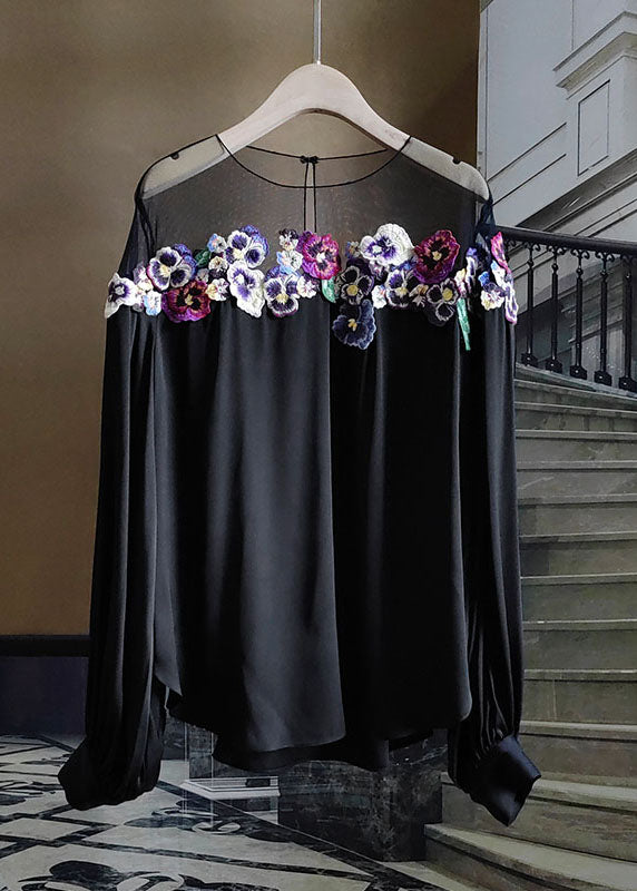 French Black O-Neck Floral Embroideried Patchwork Silk Tops Spring