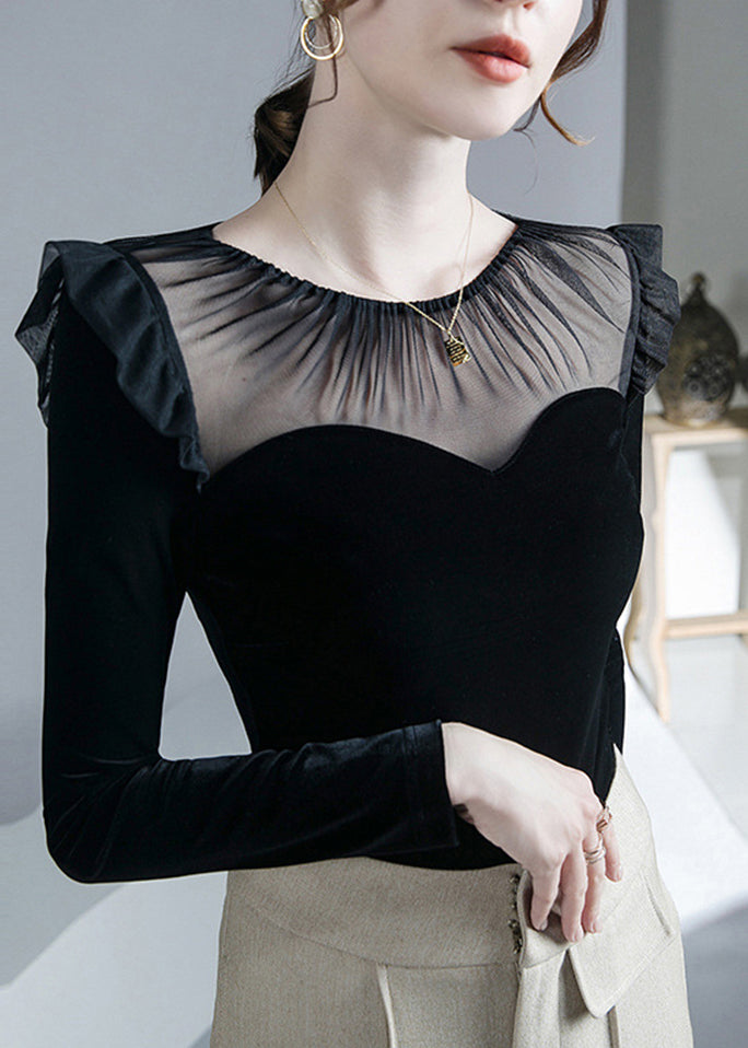 French Black O-Neck Patchwork Tulle Velour Tops Fall