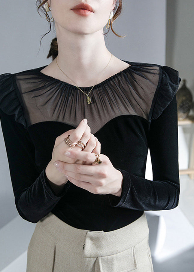 French Black O-Neck Patchwork Tulle Velour Tops Fall
