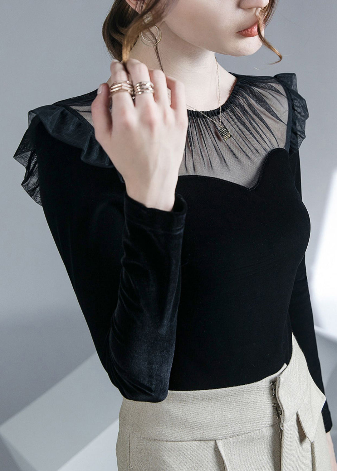French Black O-Neck Patchwork Tulle Velour Tops Fall