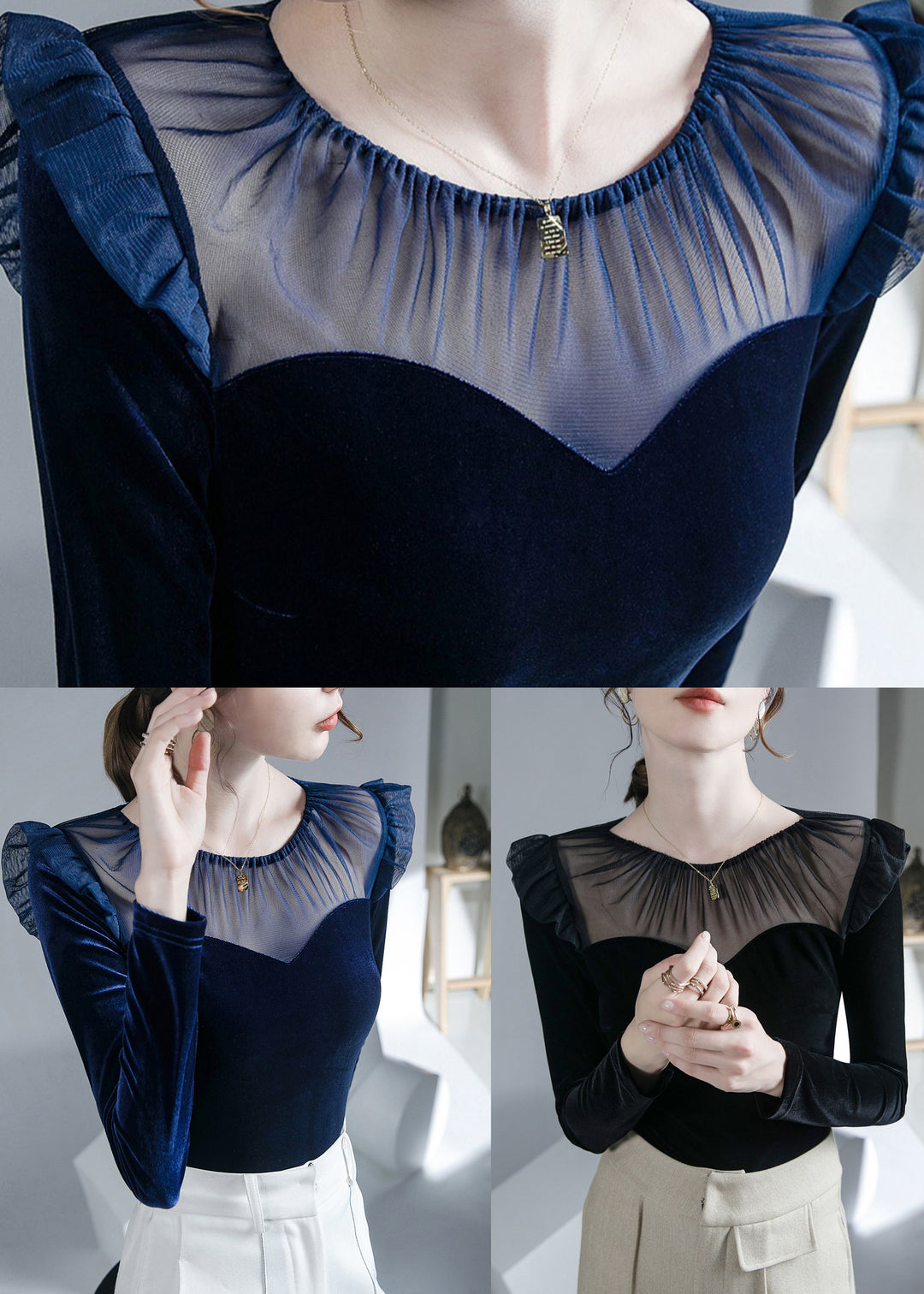 French Black O-Neck Patchwork Tulle Velour Tops Fall