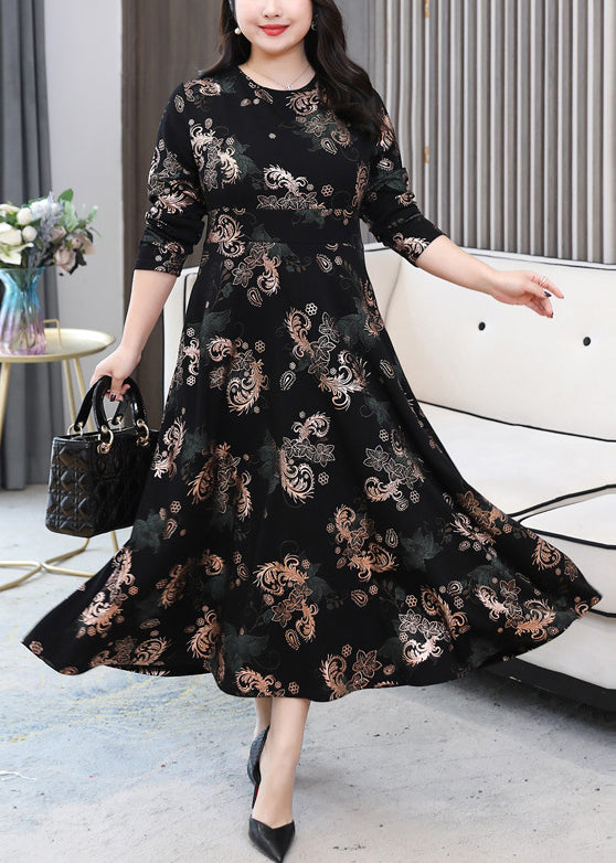 French Black O Neck Print Pockets Cotton Long Dress Long Sleeve