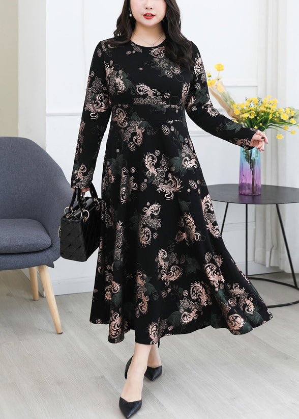 French Black O Neck Print Pockets Cotton Long Dress Long Sleeve