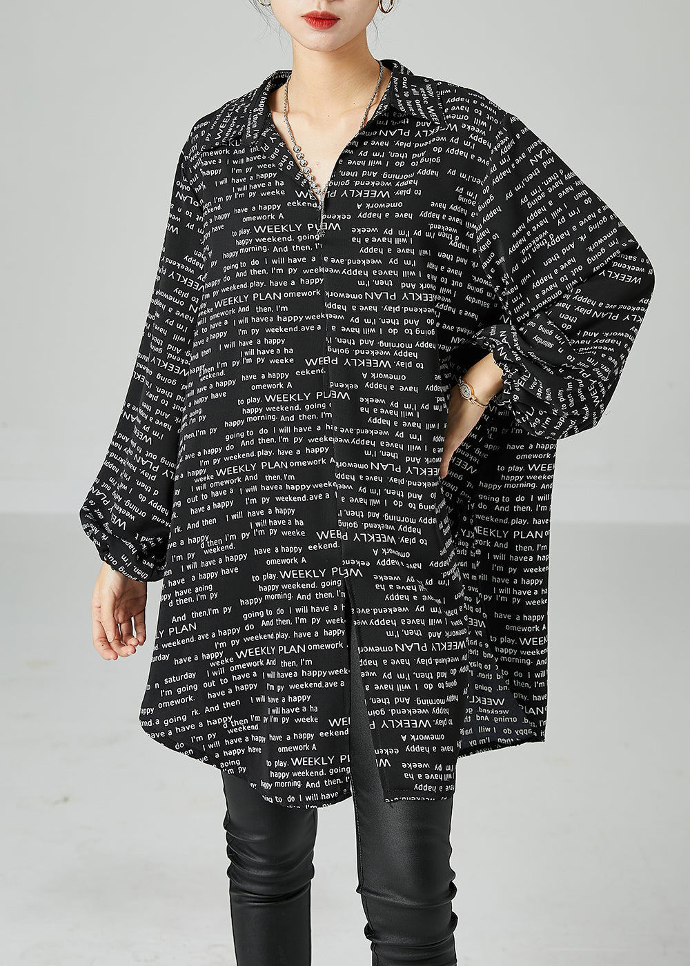 French Black Oversized Letter Print Chiffon Shirt Dress Spring - Omychic
