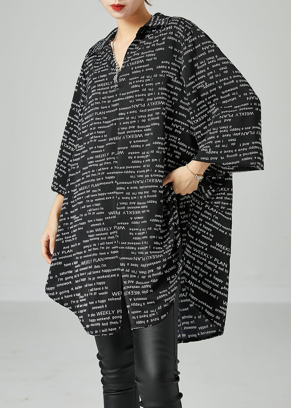 French Black Oversized Letter Print Chiffon Shirt Dress Spring - Omychic