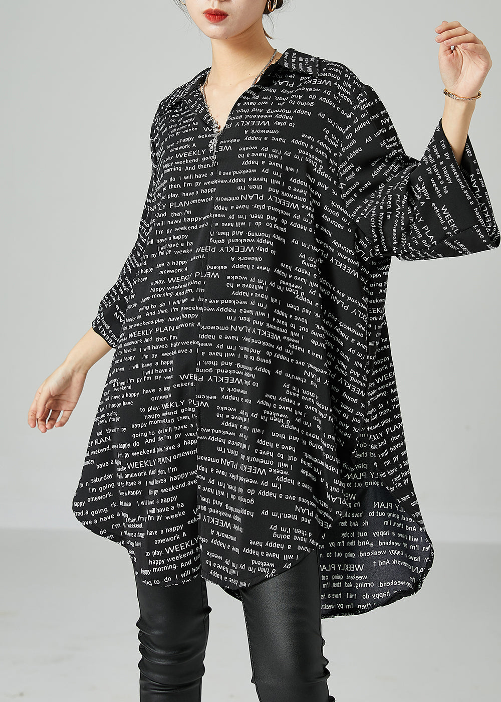 French Black Oversized Letter Print Chiffon Shirt Dress Spring - Omychic
