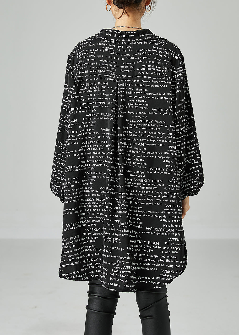French Black Oversized Letter Print Chiffon Shirt Dress Spring - Omychic