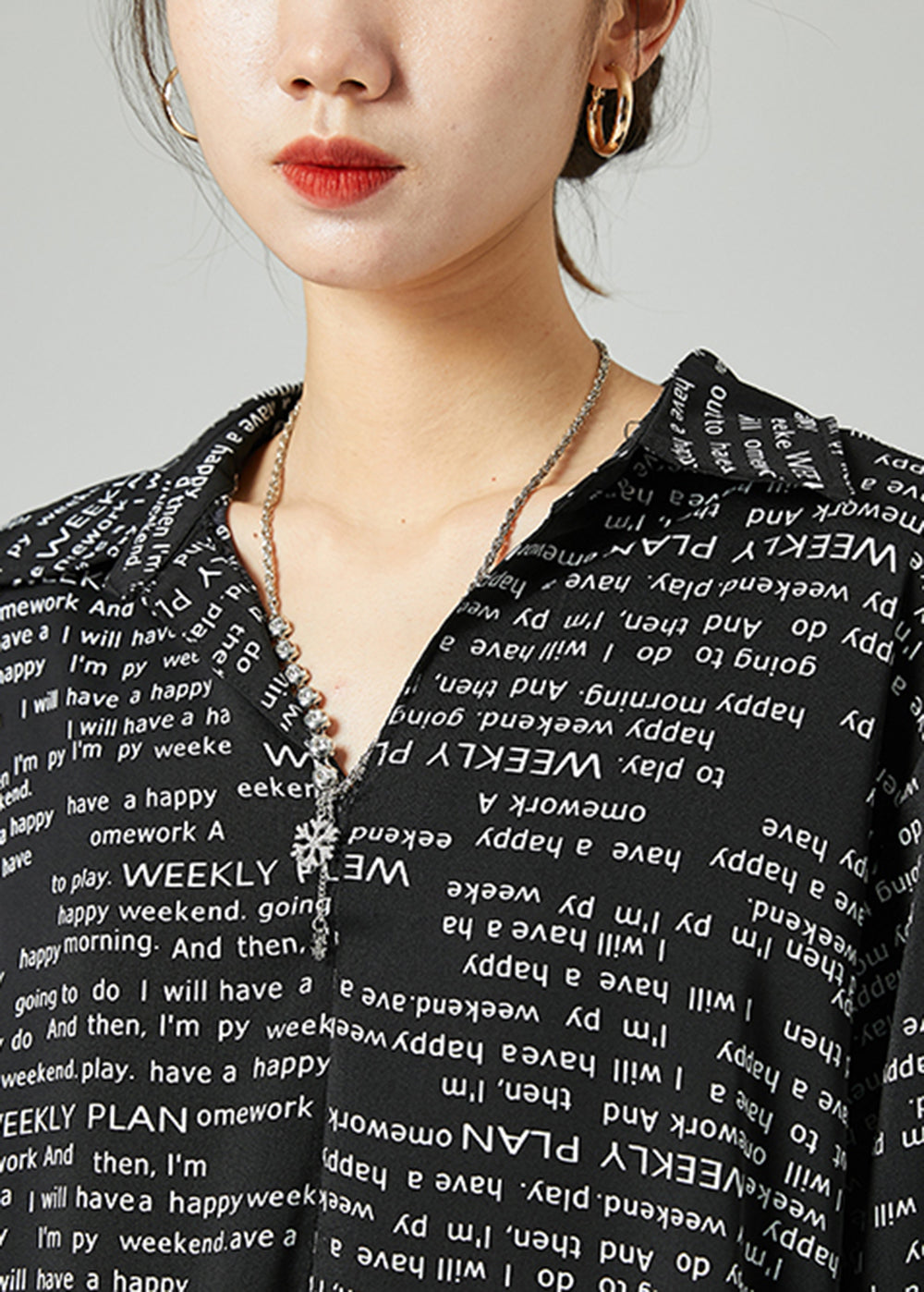 French Black Oversized Letter Print Chiffon Shirt Dress Spring - Omychic