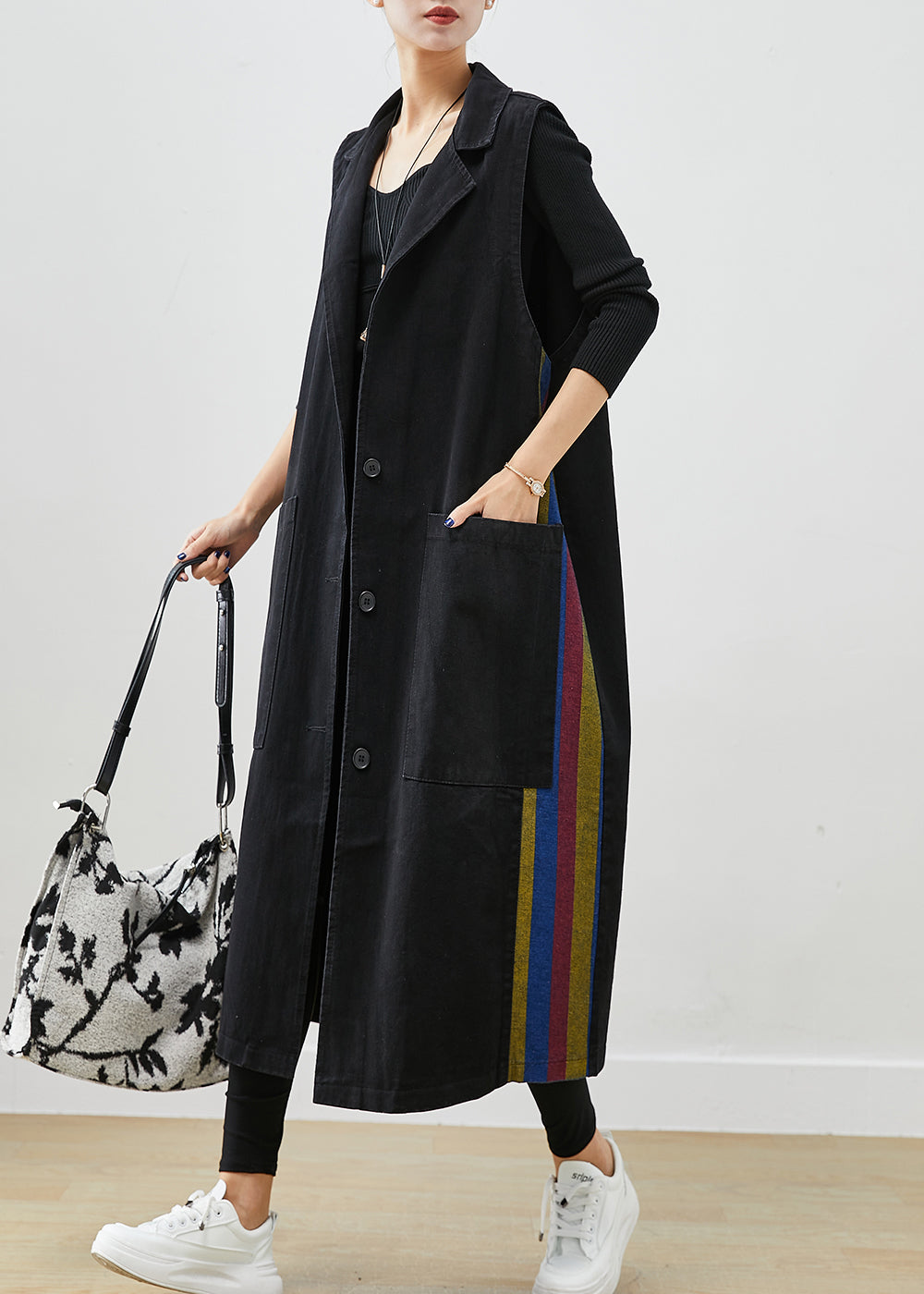 French Black Oversized Patchwork Multicolour Striped Denim Long Vests Fall