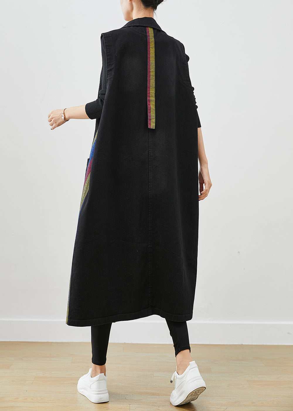 French Black Oversized Patchwork Multicolour Striped Denim Long Vests Fall