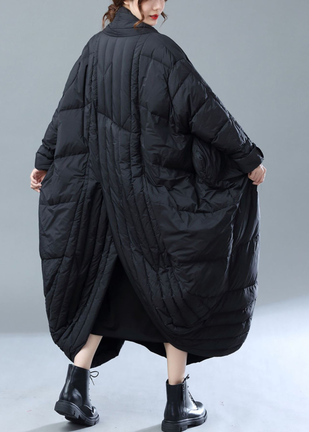 French Black Oversized Pockets Duck Down Witner Coat