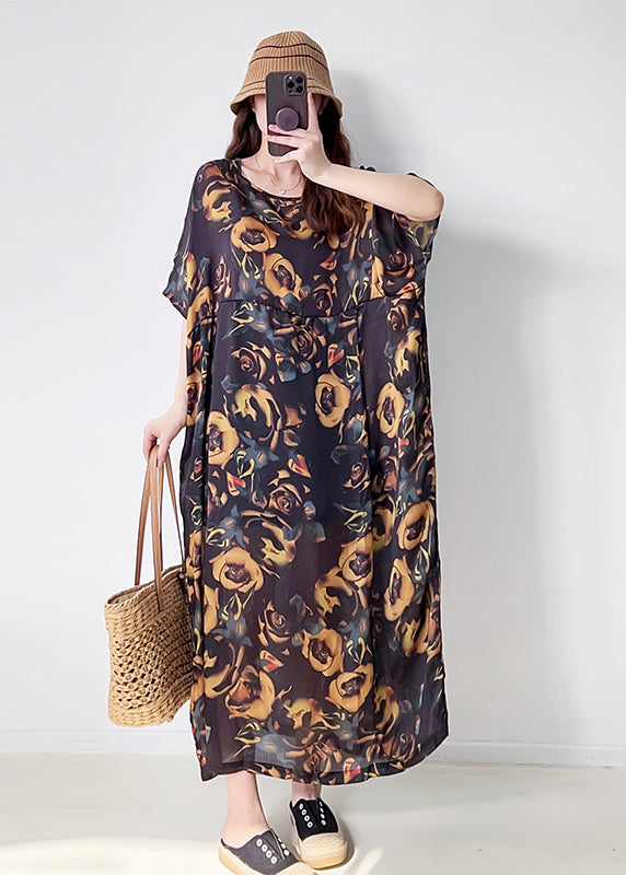 French Black Oversized Print Chiffon Maxi Dress Summer