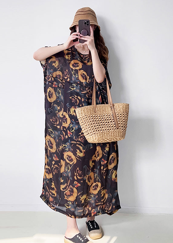 French Black Oversized Print Chiffon Maxi Dress Summer