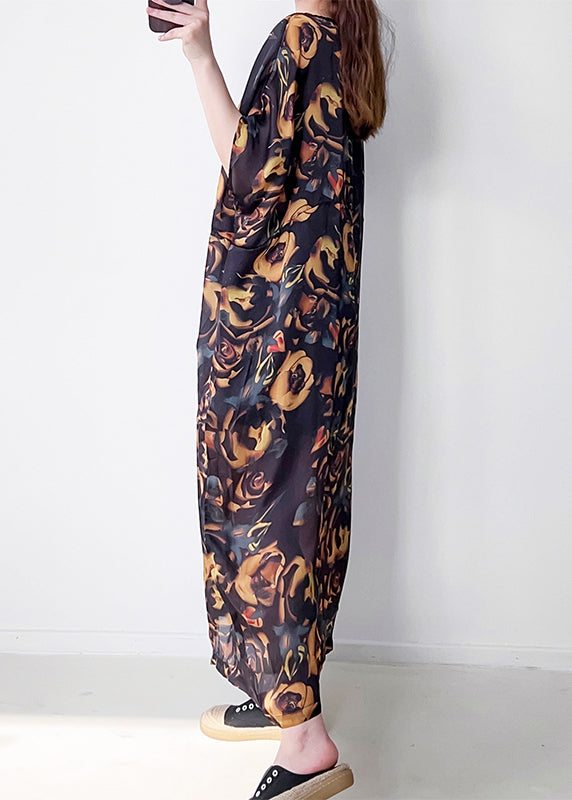 French Black Oversized Print Chiffon Maxi Dress Summer