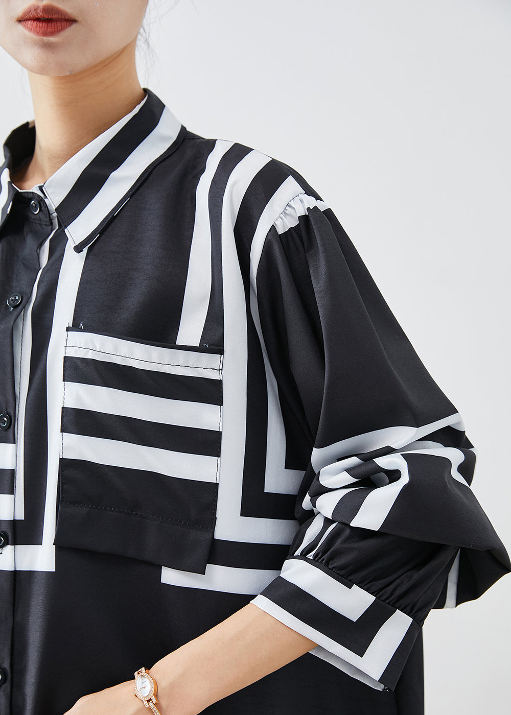 French Black Oversized Striped Cotton Long Shirt Fall